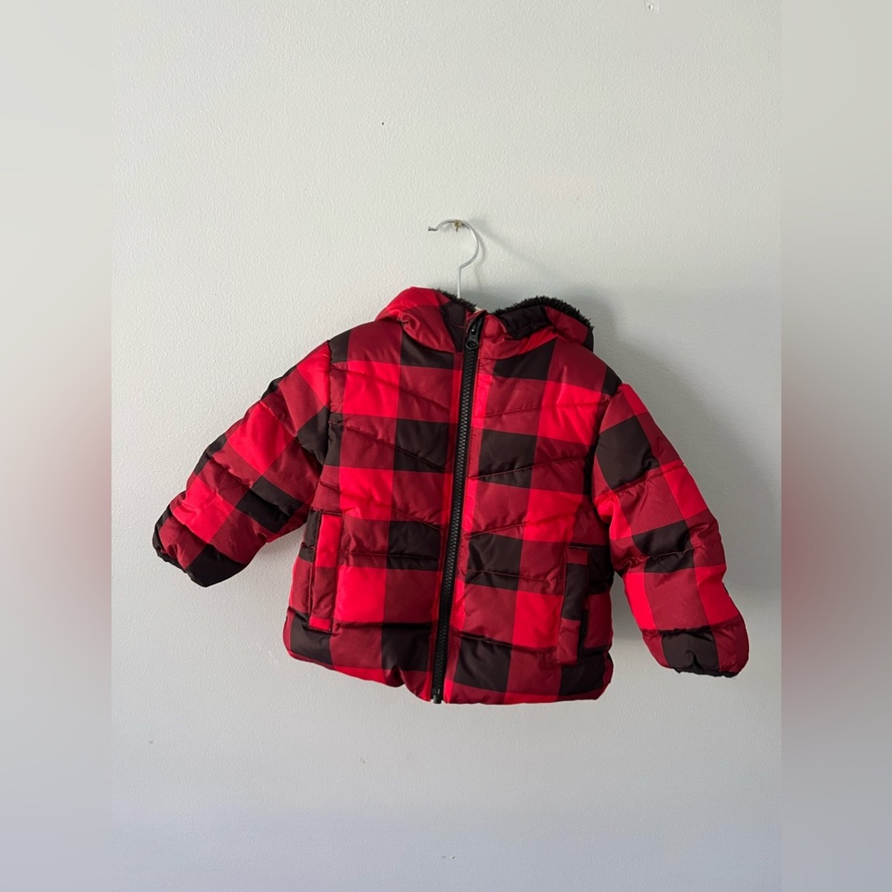 Fleece lined toddler puffer jacket with hood